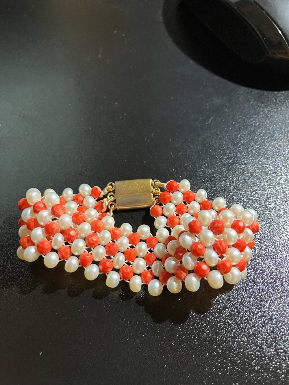 Pearl and Coral Cluster Strand Bracelet with Gold-Tone Clasp
